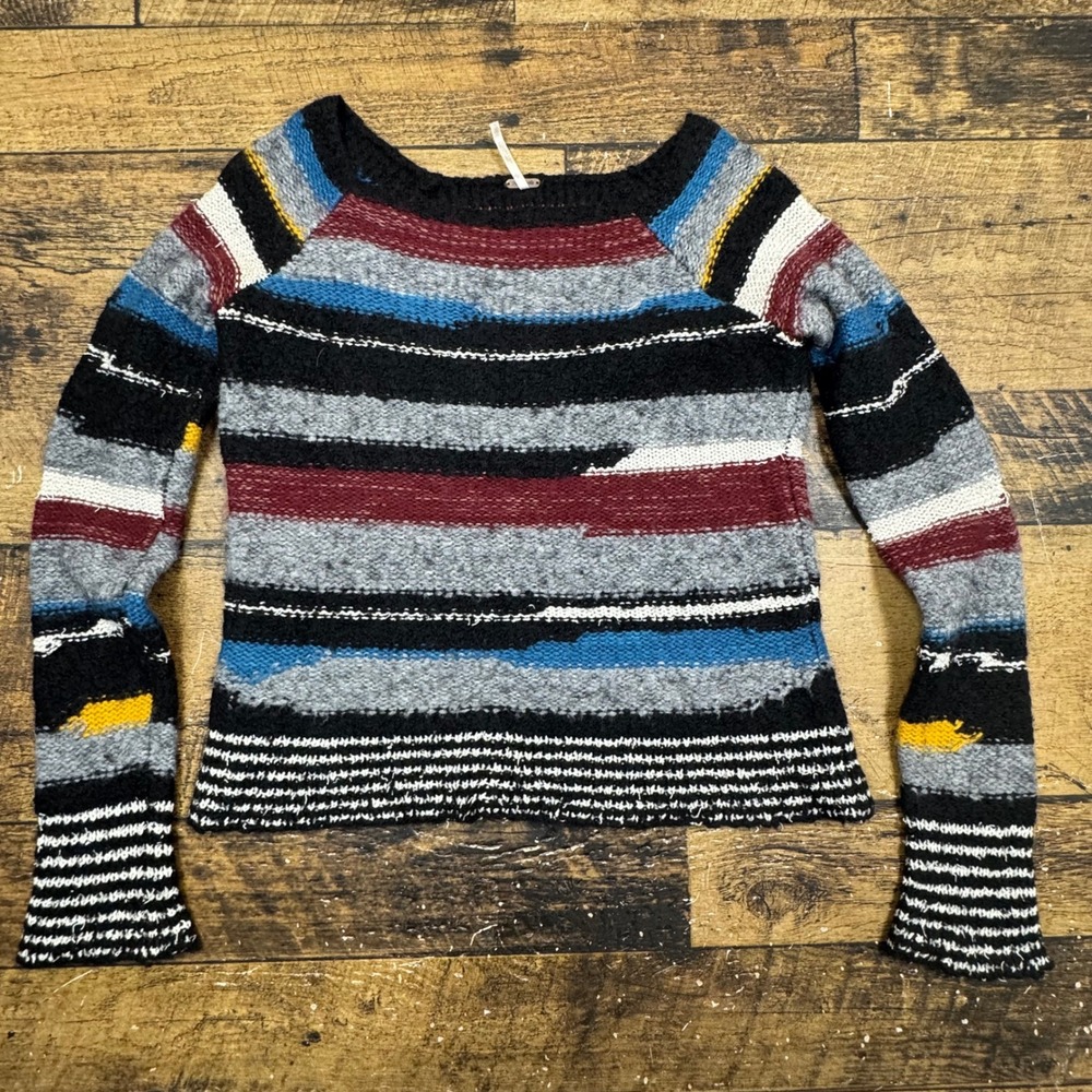 Free People‎ Striped Knit Bell Sleeve Sweater Women's Size Small patchwork wool